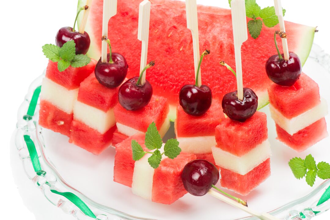Canapes of watermelon, melon and cherry - a savory dessert of the watermelon diet